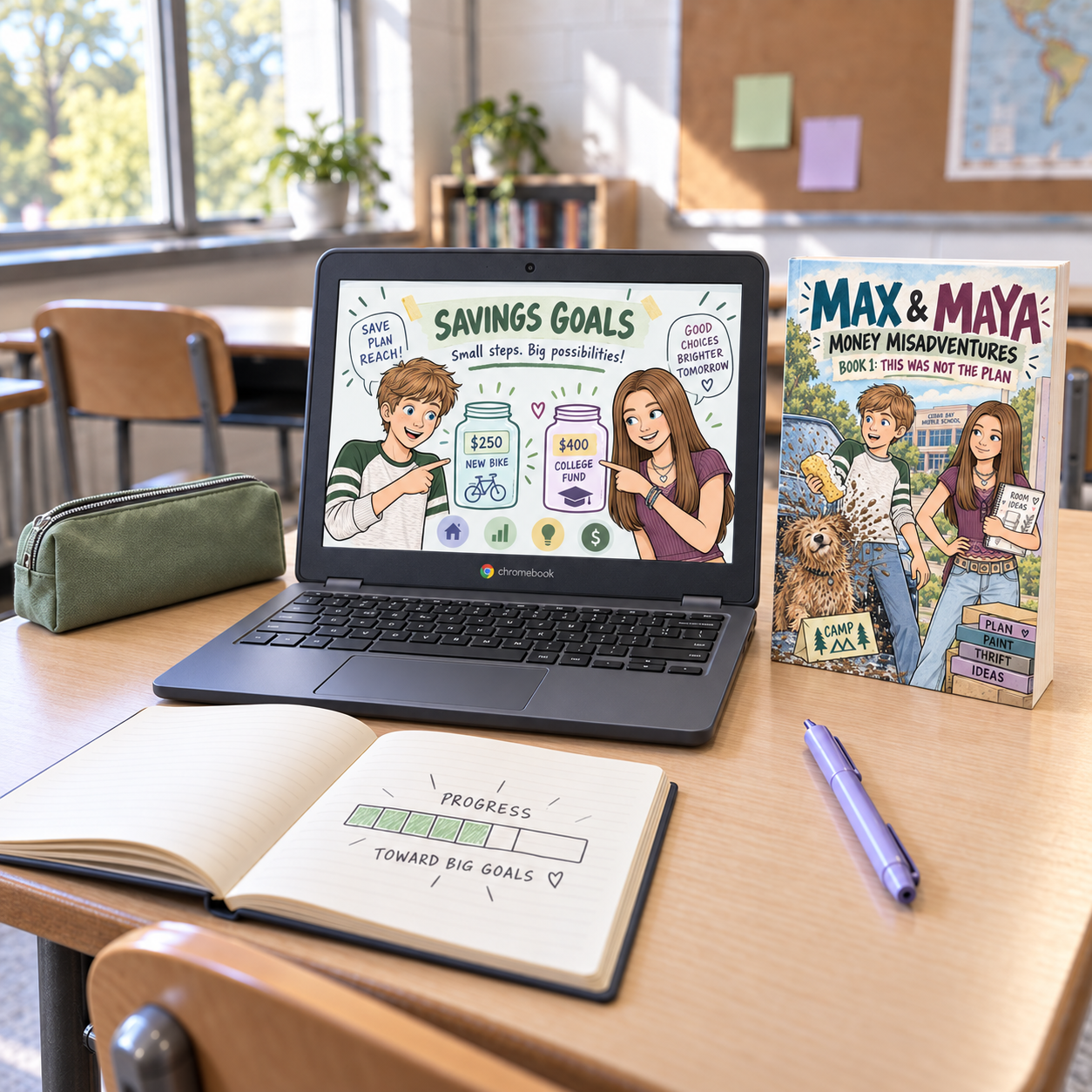 A classroom Chromebook showing Max and Maya, with their Money Misadventures graphic novel beside it