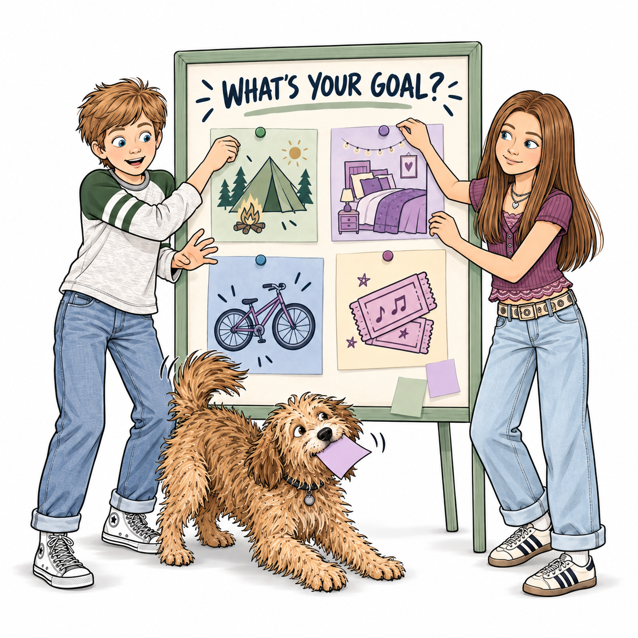 Max and Maya pin camp, bedroom, bike and concert goals to a board while their dog steals a sticky note.